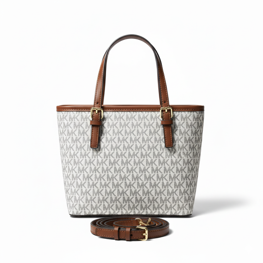 MK Monogram Tote Bag – White & Coffee Trim