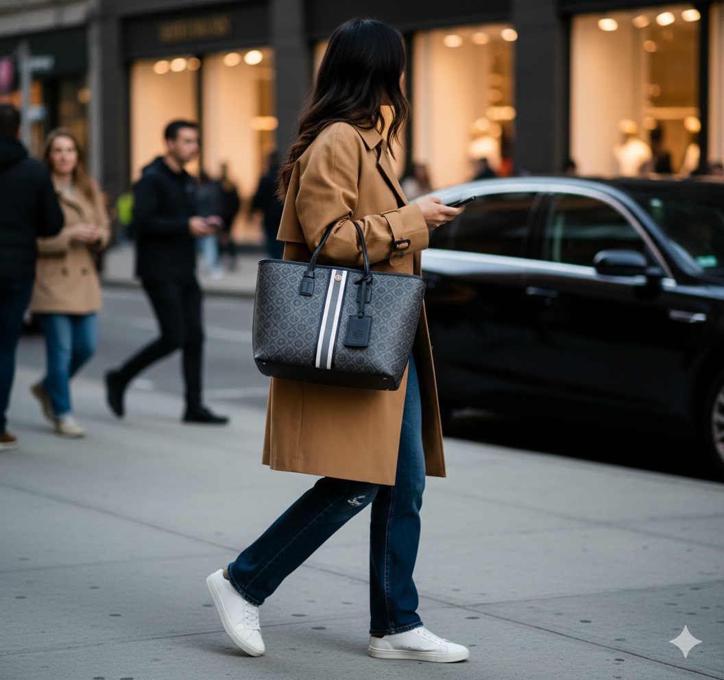TB Monogram Stripe Tote – Black & Gray Edition