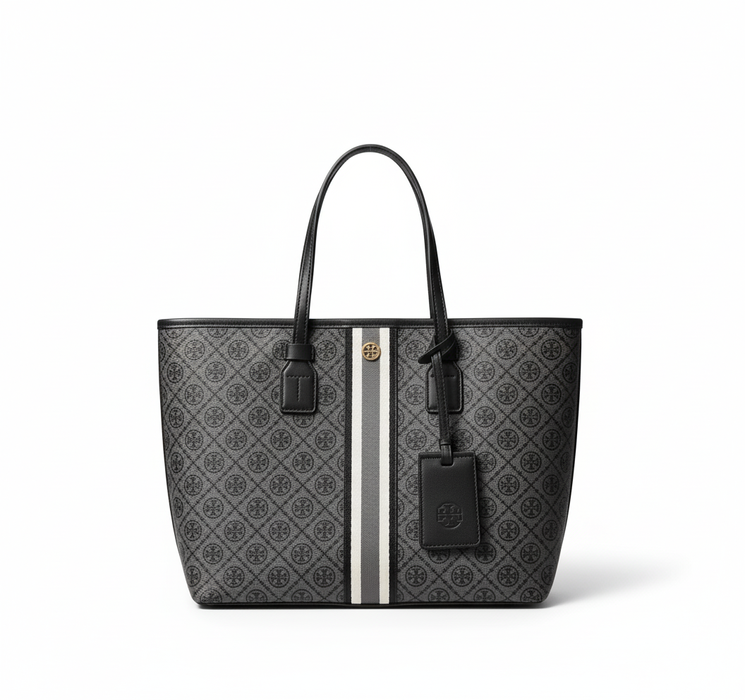 TB Monogram Stripe Tote – Black & Gray Edition