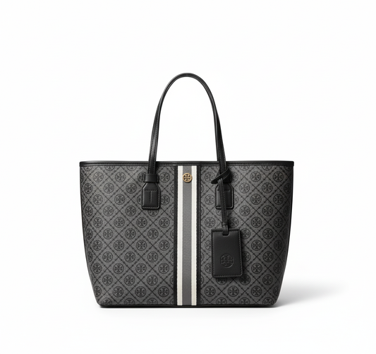 TB Monogram Stripe Tote – Black & Gray Edition